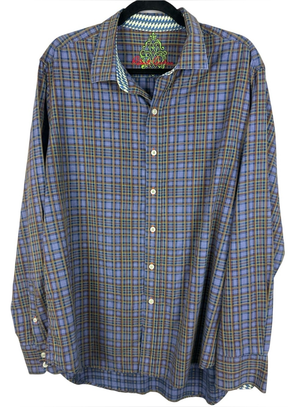 Robert Graham Plaid Button Down Shirt Men's XL Contrast Cuff Blue Green Cotton